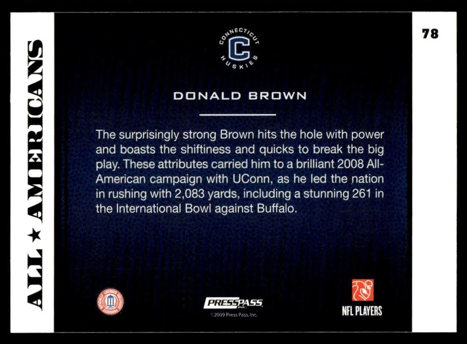2009 Press Pass B Donald Brown Connecticut Huskies #78 - Image 2 of 2