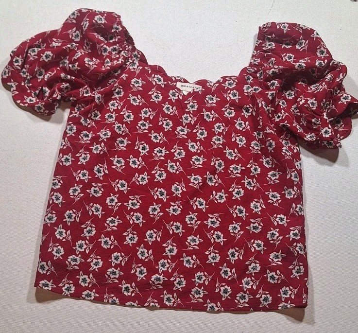 Monteau Red Womens Short Sleeve Designer Square Neck Floral Scalloped Blouse M
