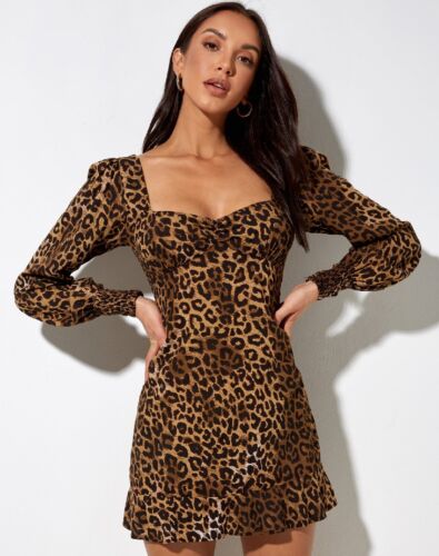 Brandneu mit Etikett Motel Rocks Leopard Kleid quadratischer Ausschnitt Langarm Tielo Größe Med  - Bild 1 von 5