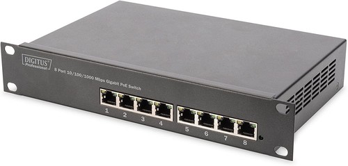 Digitus 10" 8-Port Gigabit PoE Switch 96W 8000 MAC 16Gbit/s Rack-Einbau Gray