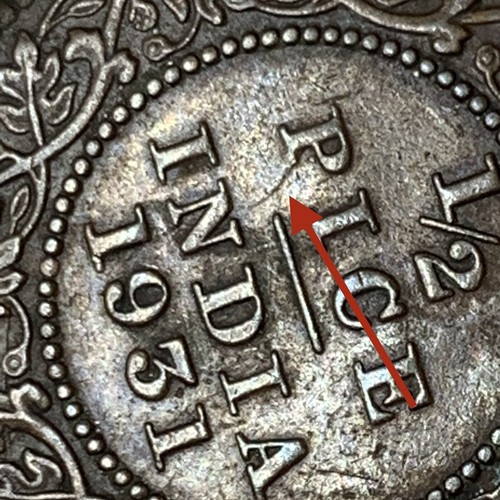1931 British India 1/2 Half Pice King George V World Coin ~ CLASHED VARIETY - Picture 9 of 12