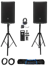 2) JBL PRX915 15" 1000w Powered 2-Way DJ PA Speakers w/DSP+Stands+Headphones+Mic