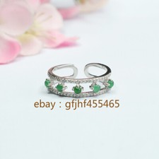 Certificate S925 Silver set Natural jadeite Ring row set egg face open ring