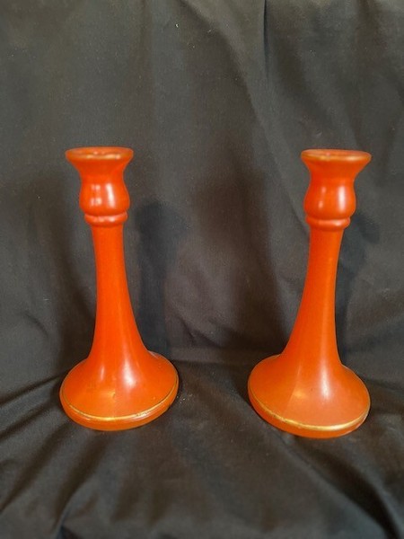 VTG ART DECO FIRED ON ORANGE 9.5" TALL CANDLESTICKS SET OF 2 
