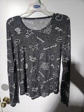 Womens PINK Victoria Secret Black/White Long Sleeve Cozy Sleep Shirt Sz MEDIUM