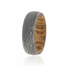 New 7mm Wide Damascus Steel Ring with a Bocote Wood Sleeve