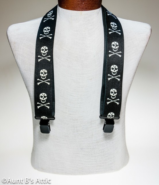Suspenders Black Skull & Crossbones Design Pirate Themed Heavy Clip On
