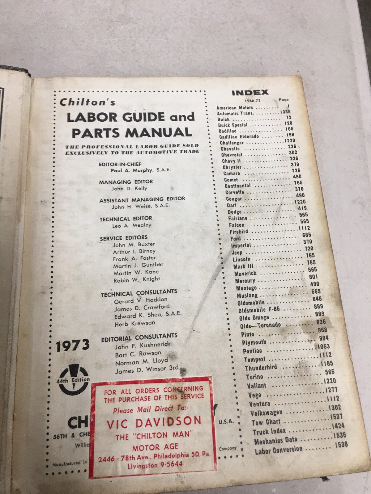 1973 CHILTONS PARTS GUIDE AND LABOR MANUAL COMPLETE AND COMPREHENSIVE ...