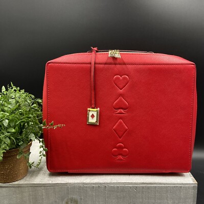 NWOT Estee Lauder Cosmetic Makeup Bag RED Faux Leather Gold Zipper