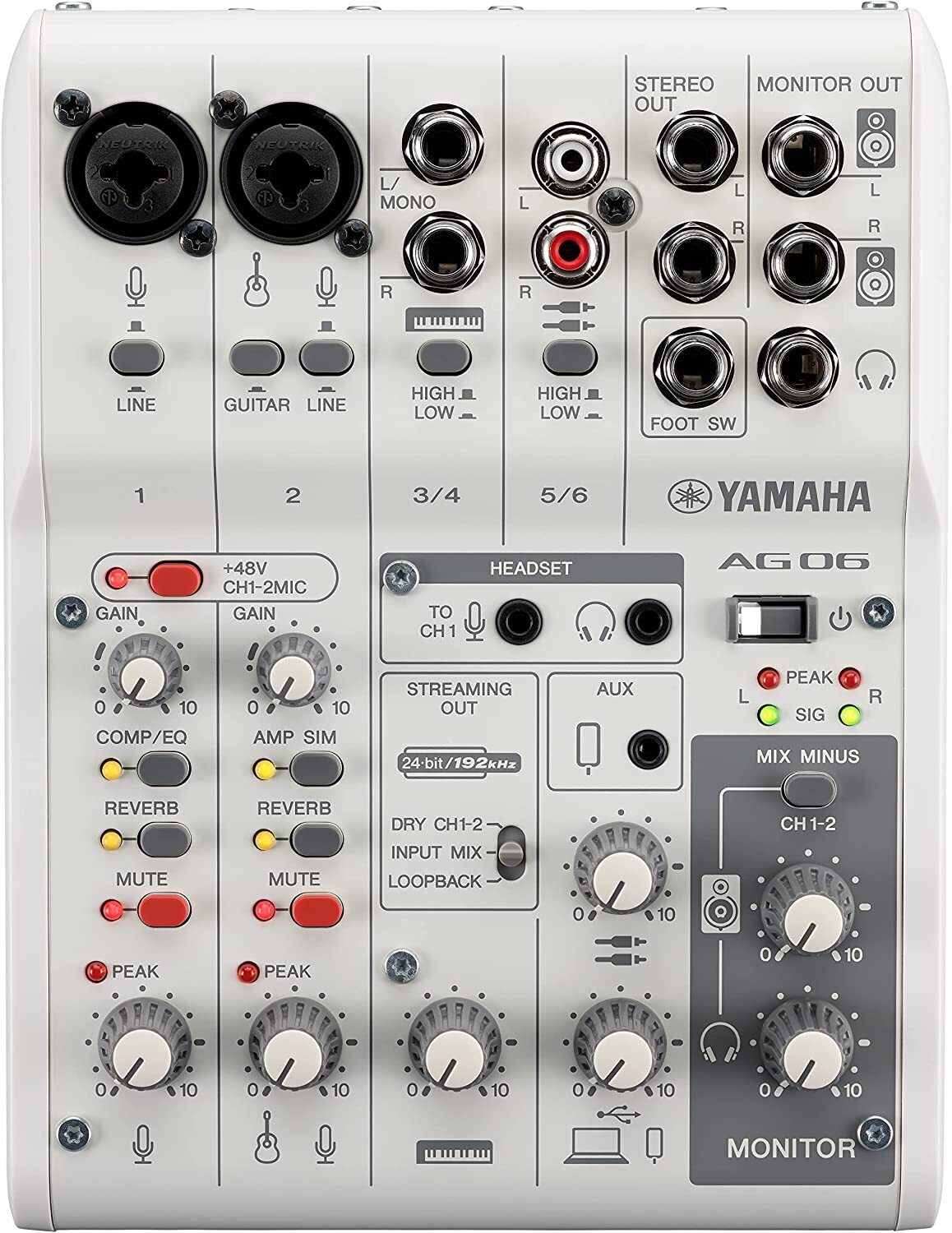 YAMAHA AG06 MK2 WHITE Mixer 6 Canali per Live Streaming con Scheda Audio Usb