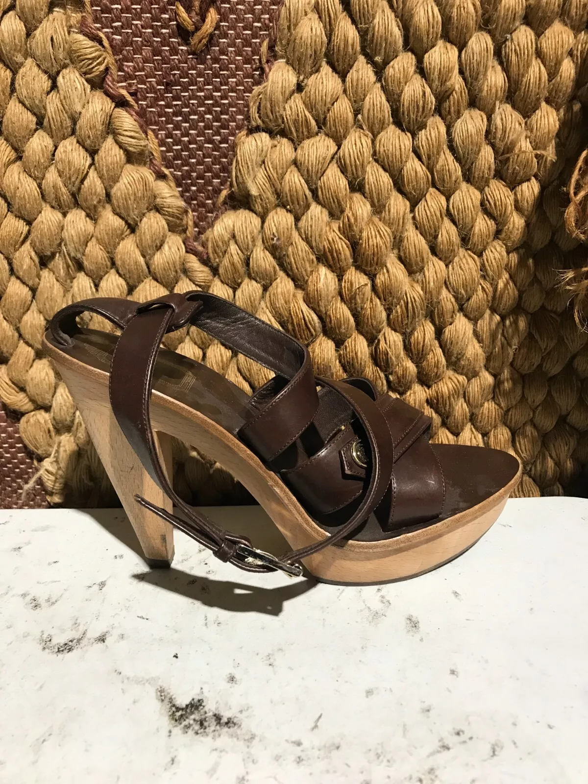 Christian Dior Sandales Rayées Escarpins Talons Cuir Marron Talon Bois Taille US 7,5