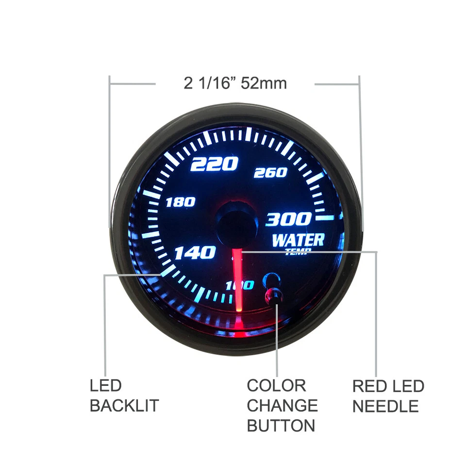 52mm Water Temp Gauge 7 Color 2"-1/16" Temperature Meter 100-300℉ W/Sensor - Image 3 of 4