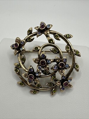 Vintage Monet Floral Leaf Rhinestone Spiral Circle Wreath Brooch Pin 