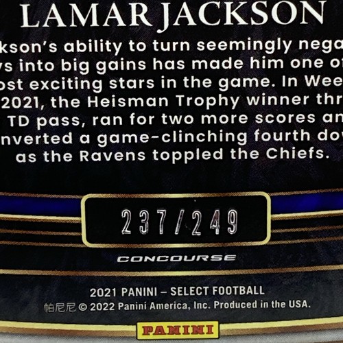 Fútbol americano Lamar Jackson Orange Prizm troquelado D#/249 2021 Panini Select #5 como nuevo - Imagen 2 de 11