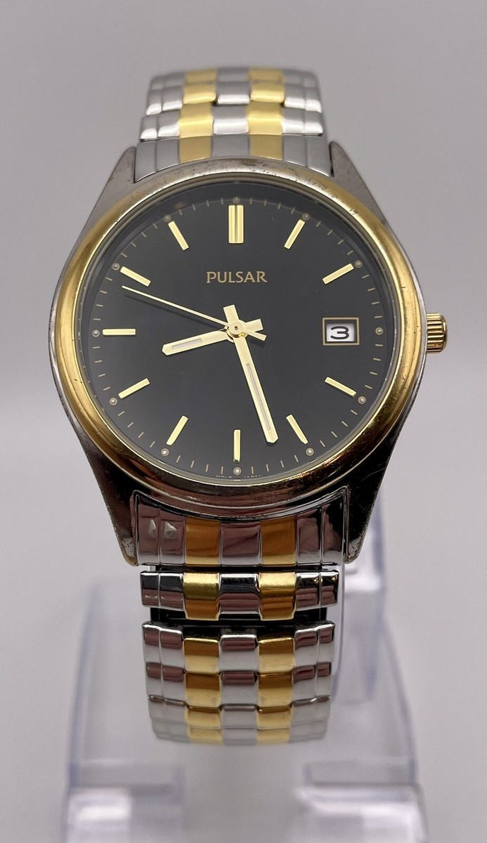 Pulsar VX42-X140 Quartz Black Dial Two Tone Stainless Steel Mens