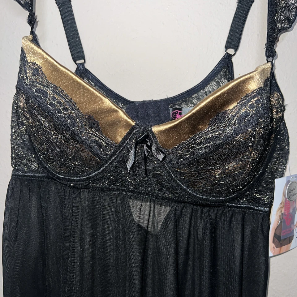 Lencería Fantasía Talla 1x/2x Babydoll Camisón Vestido Negro Dorado Lazo Foto 2 de 4