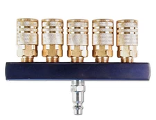 Primefit M14025-7 5-Way Air Manifold with 1/4 Industrial 6-Ball Brass Couplers,