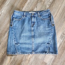 Y2K Tommy Hilfiger Denim Jean Skirt 8 Distressed Split Hem Button Strap Vintage