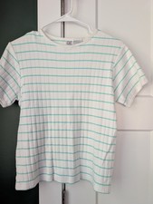 Vintage 90s CHIC Mint Green Striped Ribbed Knit Tee Size SM Short Sleeve