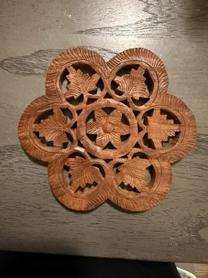 Vintage Made In India 6  Hand Carved Wooden Trivet Mandela Floral Wall Hanging