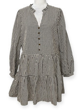 Andree by Unit Black White Gingham Tiered Mini Dress L Long Sleeve Lined Babydol