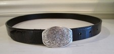 Brown Croc Embossed Leather Belt Silver floral Etched Buckle fits 30-34