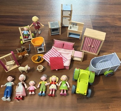 HABA Little Friends Dollhouse Furniture & Figures Lot Farm Tractor Kitchen Bed