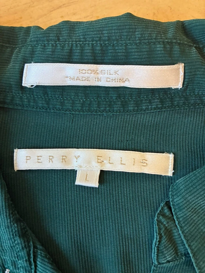 Camisa de vestir de colección años 90 para hombre 100 % seda verde bosque manga larga lujo 2 bolsillos L Foto 3 de 4