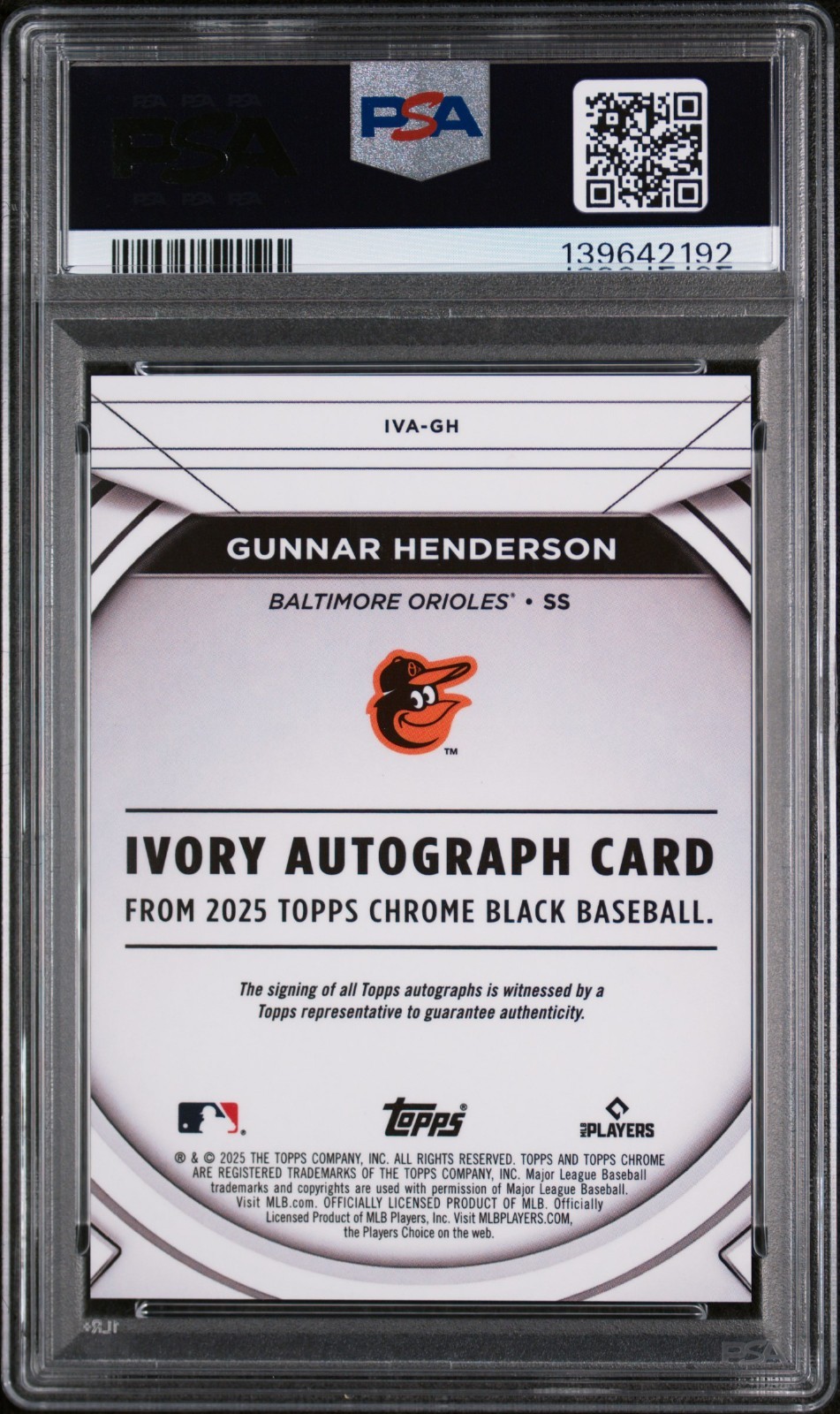 2025 Topps Chrome Black Ivory Auto Gunnar Henderson Orange Trim /25 PSA 10 view 2