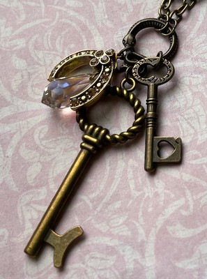 Skeleton Key Charm Necklace Victorian Revival Rhinestone Crystal Charm Pendant