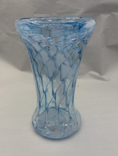 Blue White Swirl Waves Bubbles Ocean Hand Blown Heavy Art Glass Vase 7"