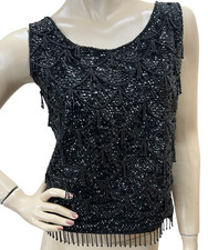 S Vtg 60s Top Black Beaded Tassel Sequin Wool Hong Kong Back Separating Zipper