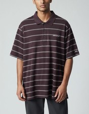 Eddie Bauer Mens Brown Striped Polo Shirt M 100 Cotton Short Sleeve Button Fron