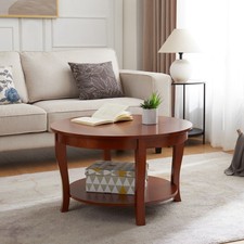 Traditional Round Coffee Table with Open Storage Shelf,2-Tier Storage Wood Cente