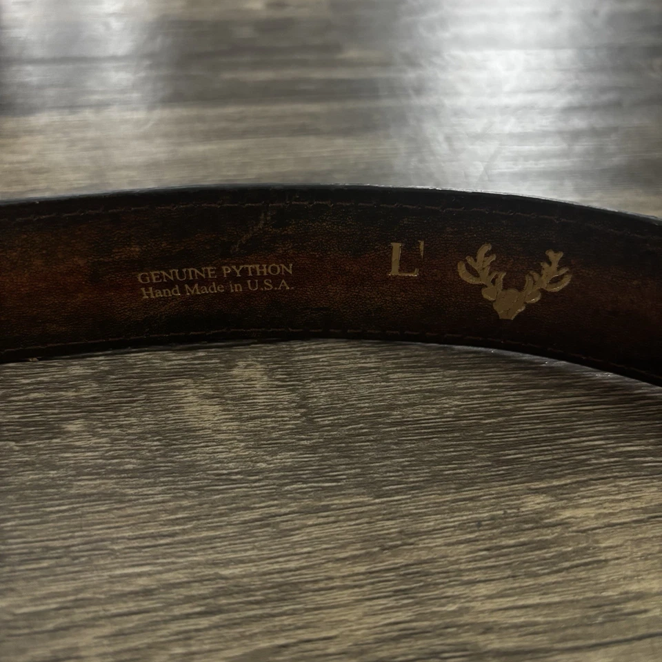 USA Handmade Custom Genuine Python Skin Leather Belt Gold Deer Buckle XL 39"-41" - Image 2 of 4