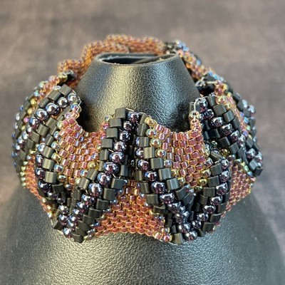 Stunning Black/Dk. Silver/Rust V Pattern Beaded Bracelet, One-of-a-kind,Handmade