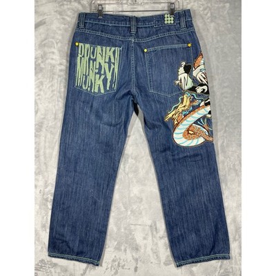 Drunk Munky Mens 36x32 Embroidered Dragon Monkey Baggy Y2K Streetwear Jeans
