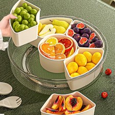 Rotating Fruit Snack Tray with Lid Handle Multi-Section Serving Platter Storage 