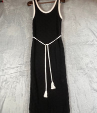 Nine West Womens M Belted Crochet Knit Lined Maxi Dress Side Slits Black White
