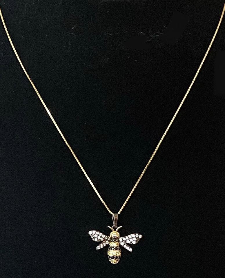 Vermeil 925 Silver CZ Bumble Bee Pendant Necklace 21mm x15mm w/Velvet Dust Bag - Image 3 of 4