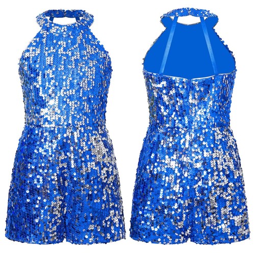 Girls Sequin Jumpsuit Kids Cap Sleeve/Halter Neck Sparkly Romper Disco Outfits - Picture 38 of 102