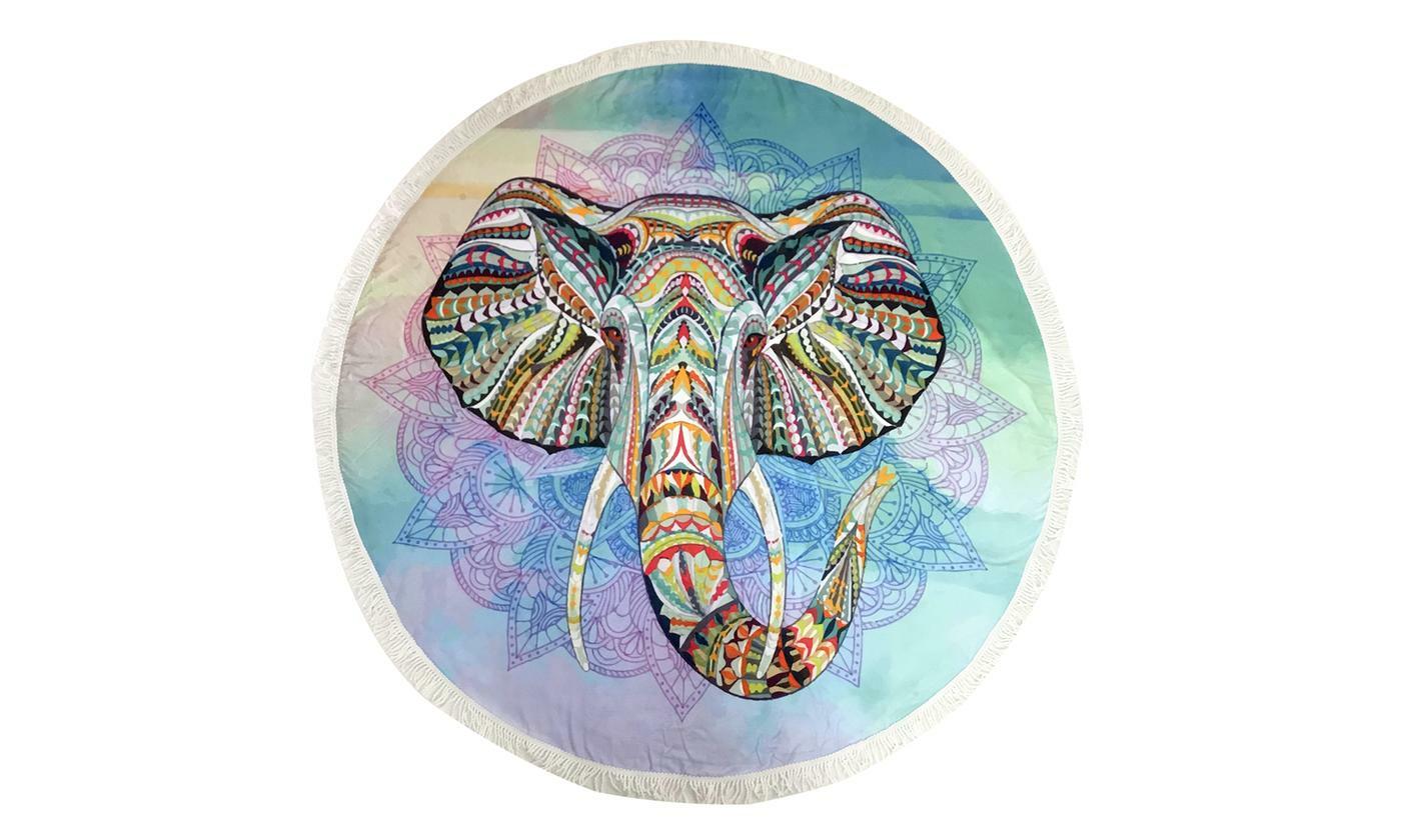 Round Beach Towels: Creatures Mythical & Geometric Patterns Elephant