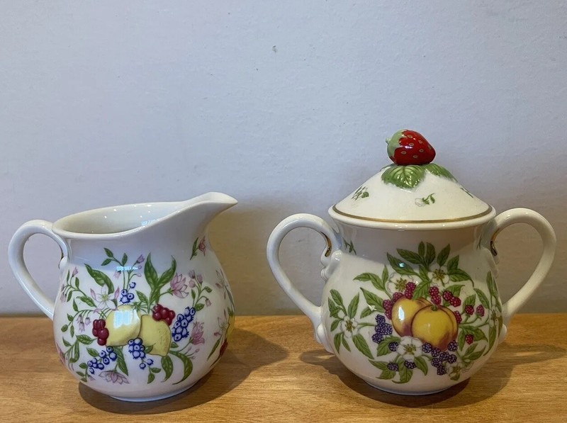 Lenox 1993 Sugar Bowl w/ Lid & Creamer Set Fruit Pattern Porcelain Rare
