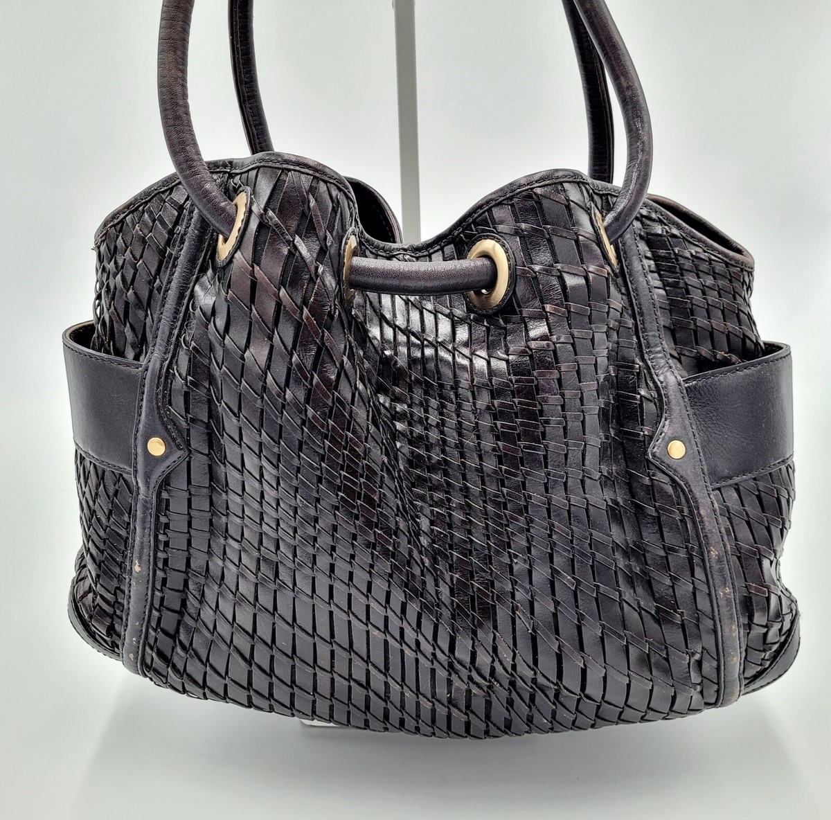 Cole Haan Black Woven Genuine Leather Handbag Tote Bag Purse | eBay