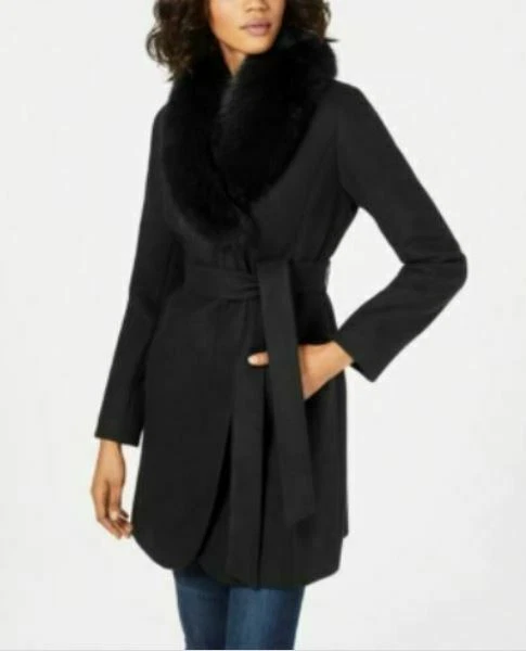 New Forecaster Fox Fur Collar Belted Wrap Coat Size 2 Black 560