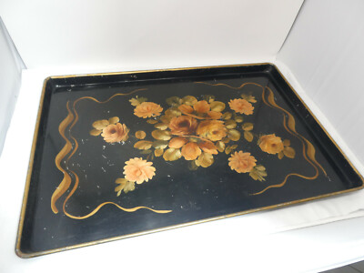 VTG HAND PAINTED FLOWERS TOLEWARE METAL SERVING TRAY DEC-ART PHILA PA 26''x18''