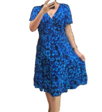 Chaps A Line Dress M Medium Cobalt Blue Floral V Short Sleeve Stretch Washable