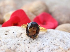 Smoky Quartz Ring Oval Delicate Statement Solitaire Boho 18k Gold Plated Silver