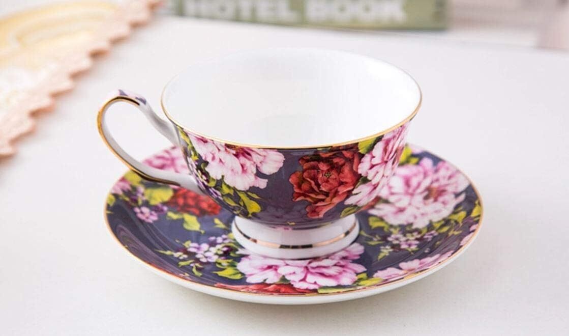 Cups and Saucers Set of 6, Floral (8oz) Porcelain Cups for Tea Party, Rose