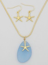 16-18" Gold Tone Starfish Blue Sea Glass Necklace Set